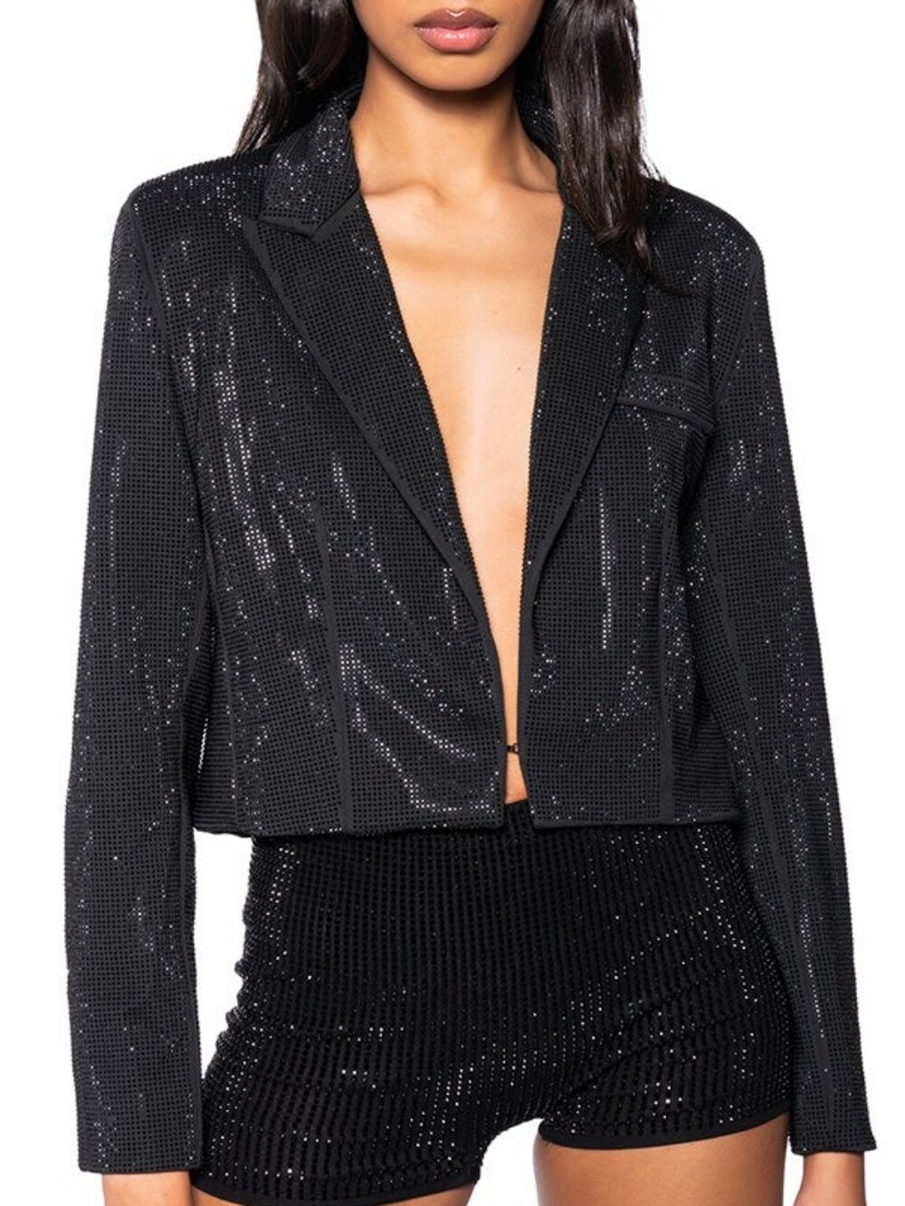 Pop Star Oversized Onyx Rhinestone Embellished Cropped Blazer Jacket L 10 12